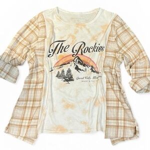 The Rockies Graphic T Shirt Flannel Shirt Upcycled Top Rainbow Mountains
